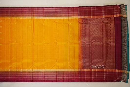 Mango Yellow with Deep Maroon Borders Light weight Kanchipuram Silk Saree paloo