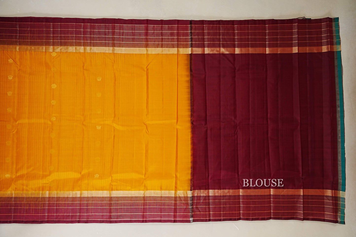 Mango Yellow with Deep Maroon Borders Light weight Kanchipuram Silk Saree blouse
