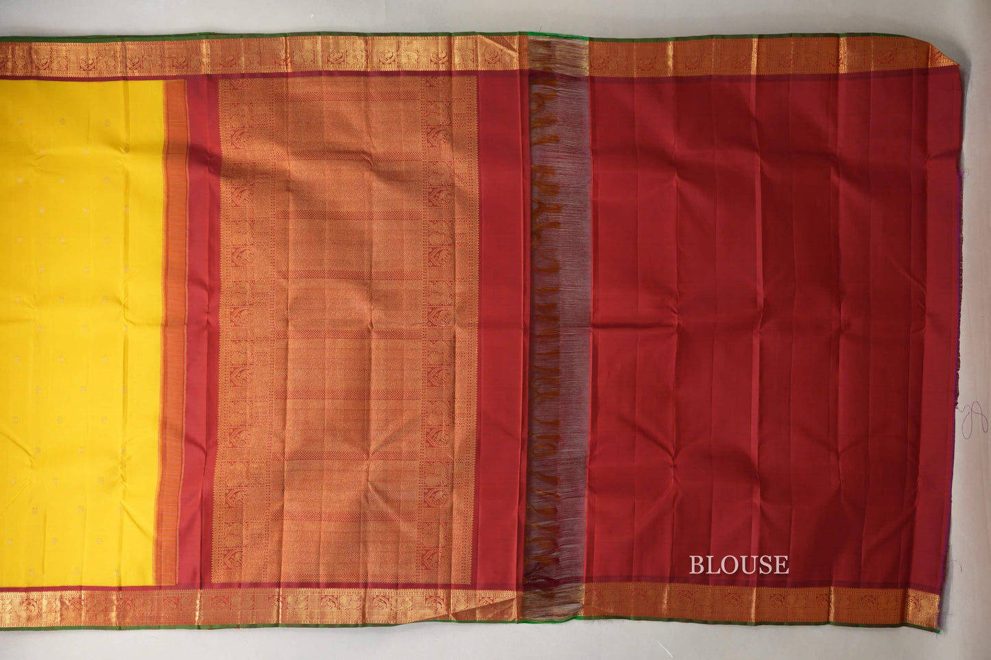 Bright Yellow with Deep maroon borders Vintage Kanjivaram Silk Saree blouse