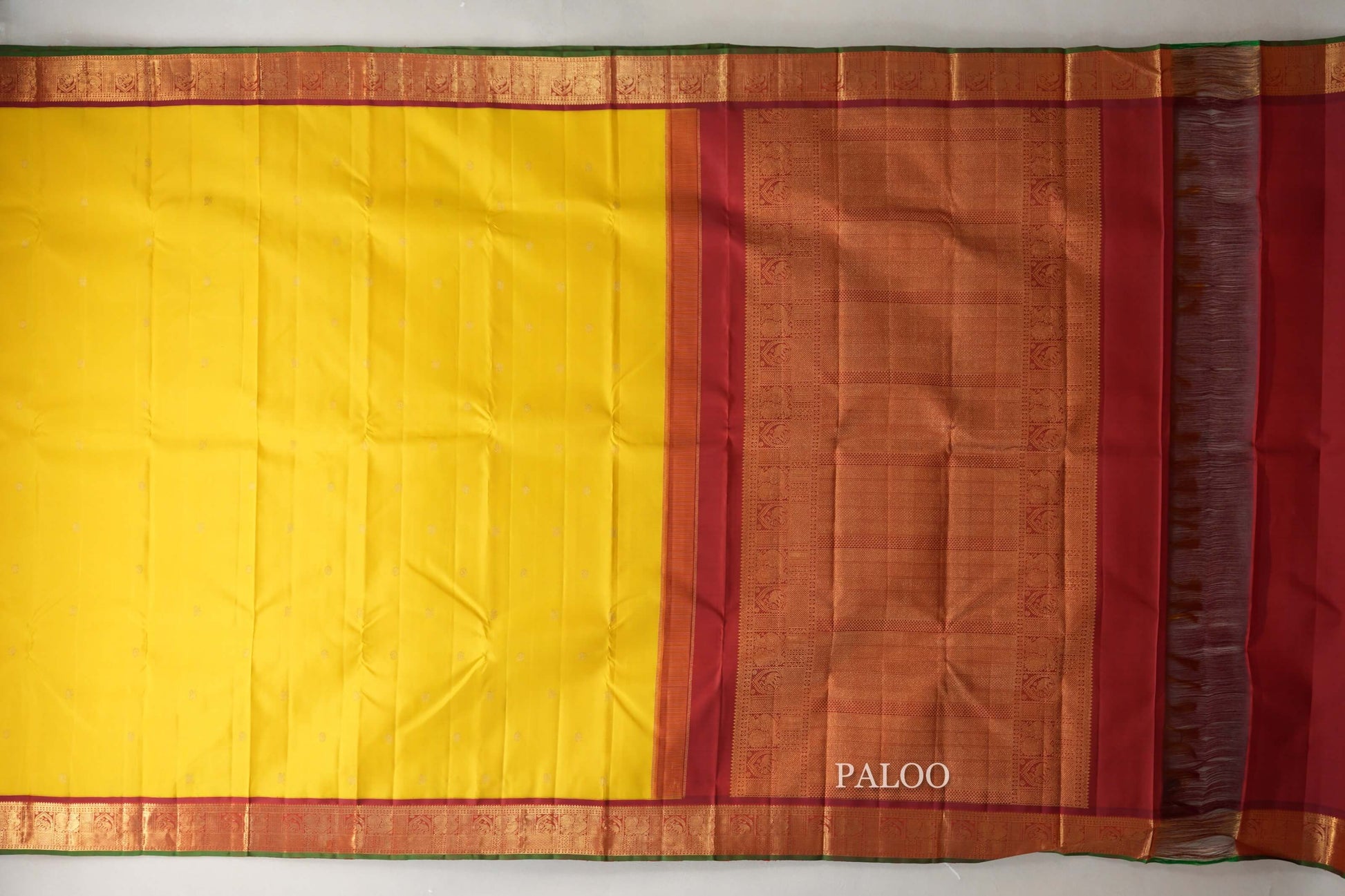 Bright Yellow with Deep maroon borders Vintage Kanjivaram Silk Saree paloo