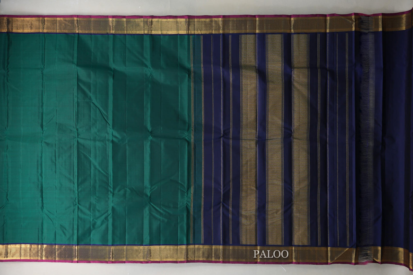 Deep Bottle Green with deep blue Vintage Kanjivaram Silk Saree by Shreenivas Silks paloo