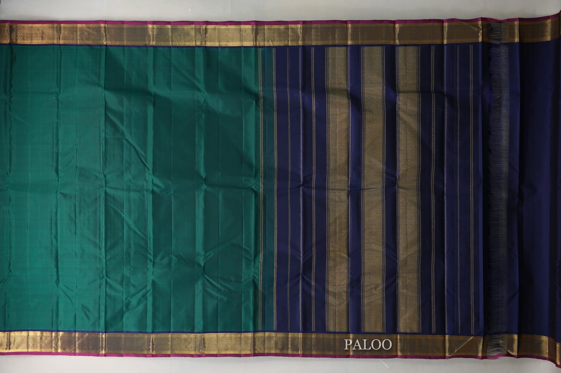 Deep Bottle Green with deep blue Vintage Kanjivaram Silk Saree by Shreenivas Silks paloo