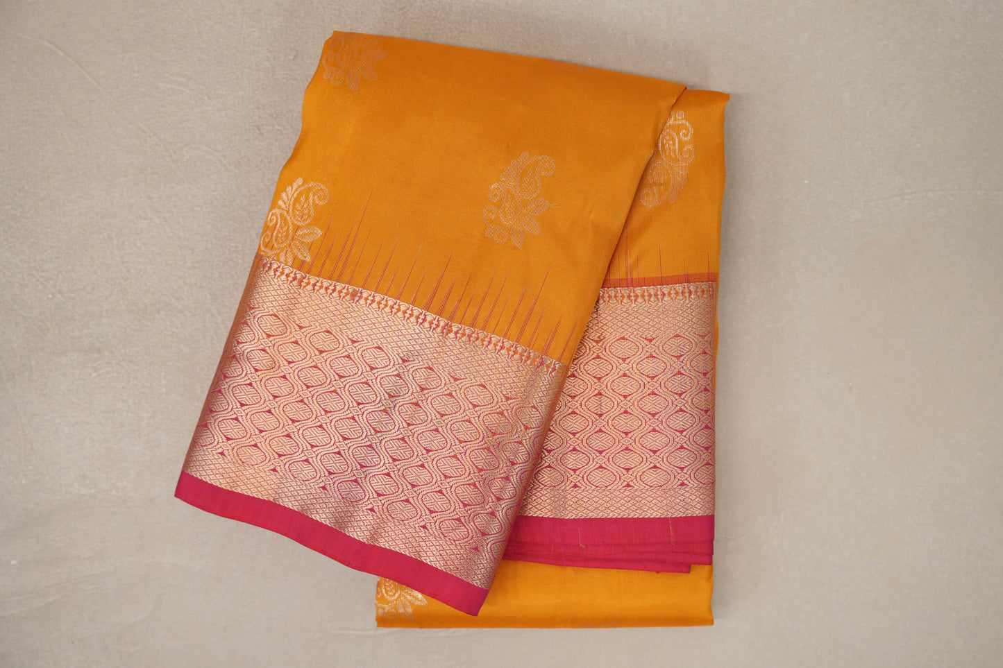 Mango yellow with Rani Pink borders Light Weight Kanchipuram Silk Saree 
