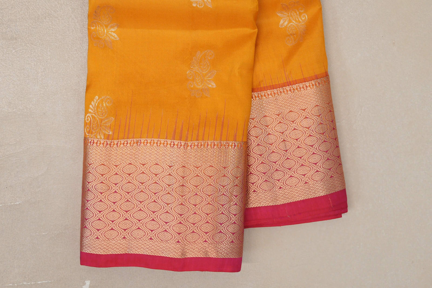 Mango yellow with Rani Pink borders Light Weight Kanjivaram Silk Saree SS9684