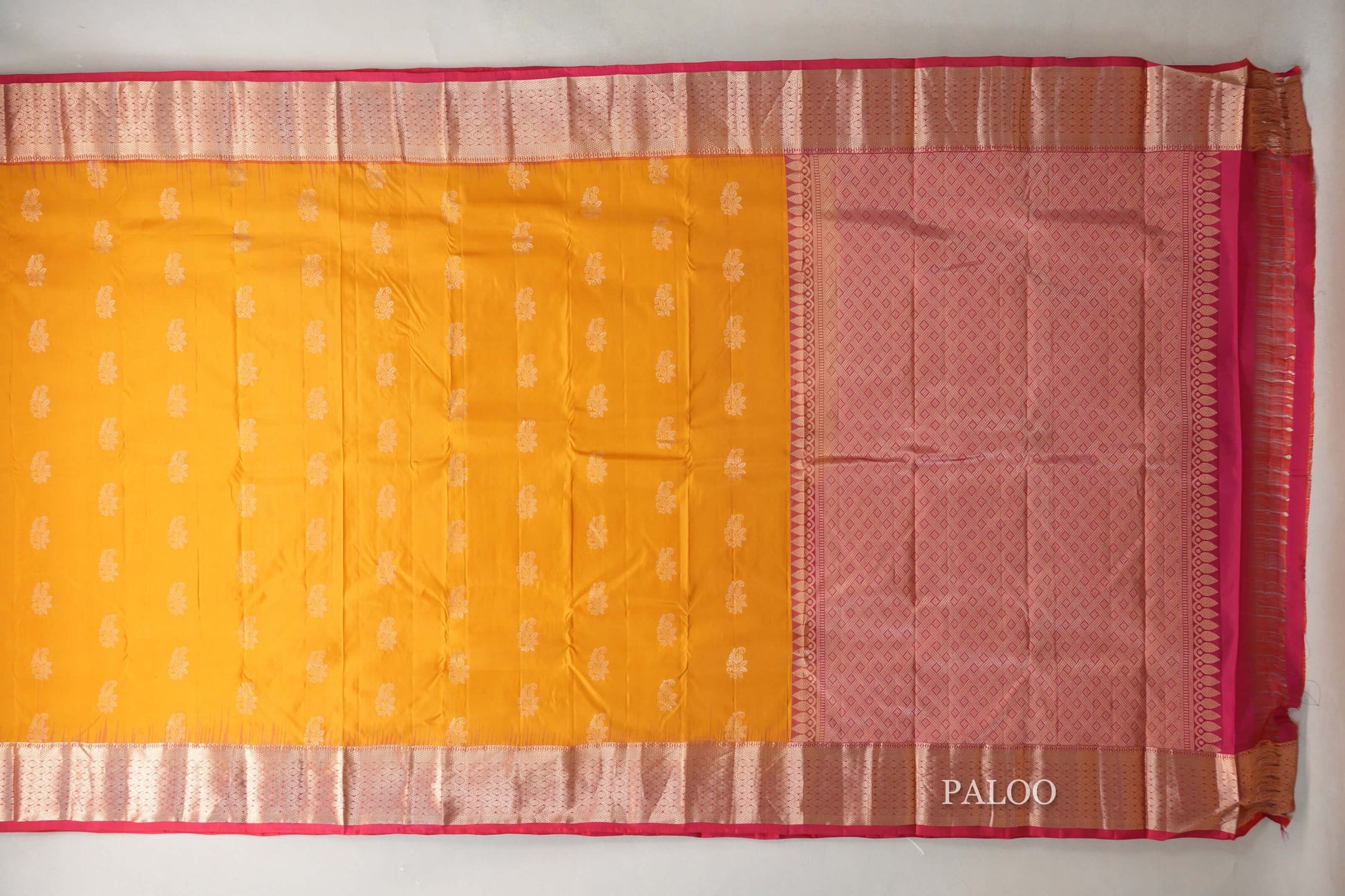 Mango yellow with Rani Pink borders Light Weight Kanchipuram Silk Saree  paloo