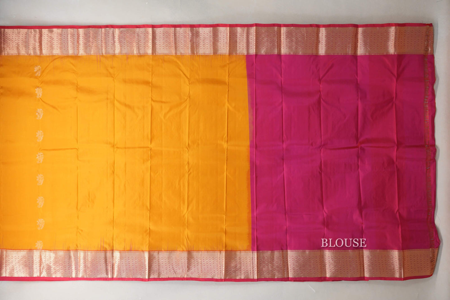 Mango yellow with Rani Pink borders Light Weight Kanchipuram Silk Saree  blouse