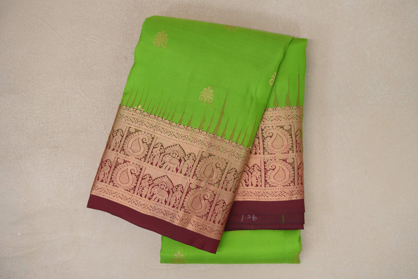 Parrot green with Deep Maroon borders Light Weight Kanchipuram Silk Saree