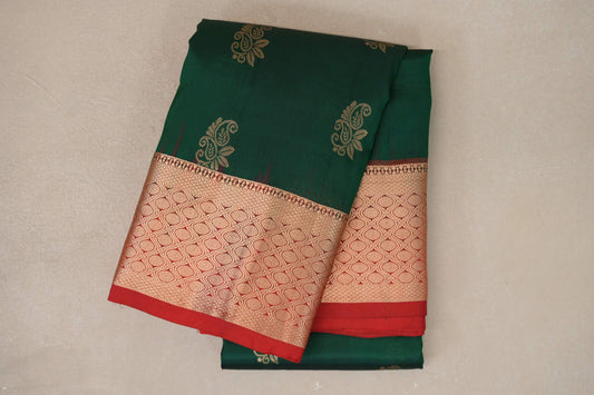Deep bottle green with Bright Red borders Light Weight Kanjivaram Silk Saree