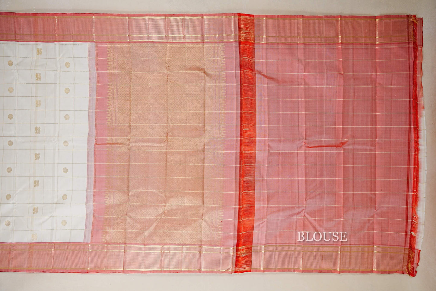 Off White with Peach Pink Borders Vintage Kanjivaram Silk Saree blouse