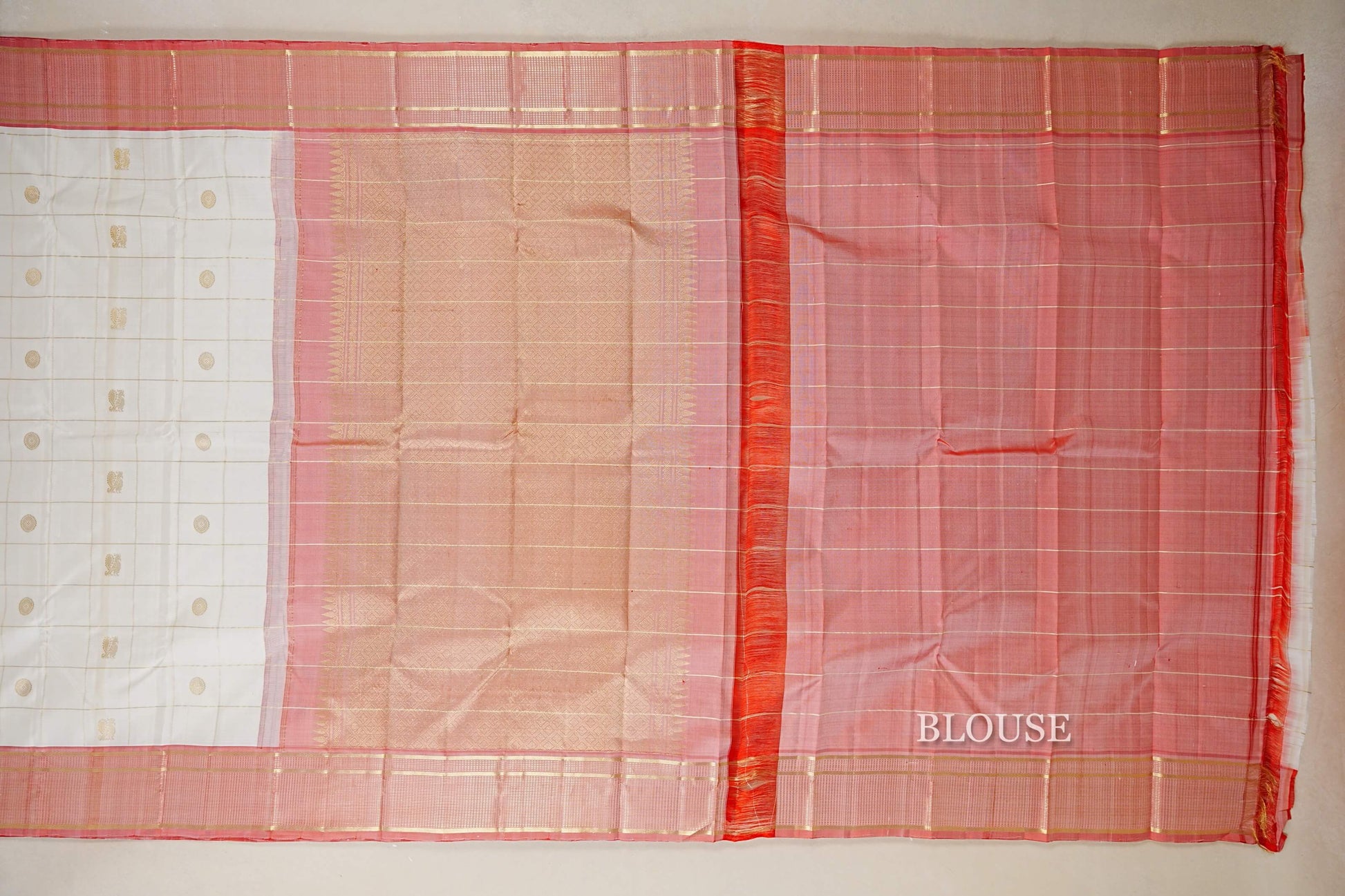 Off White with Peach Pink Borders Vintage Kanjivaram Silk Saree blouse