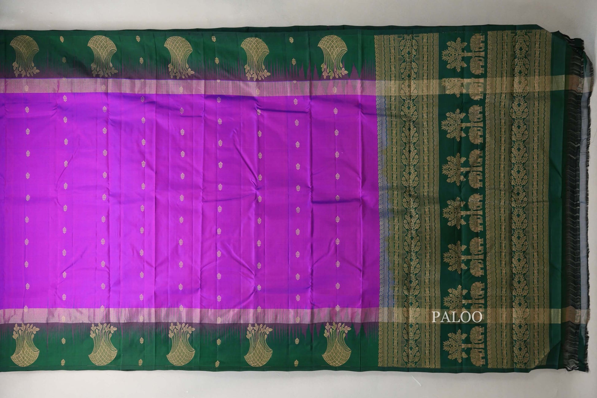 Dual Tone of Bright Magenta & Blue with bottle green borders Light Weight Kanjivaram Silk Saree paloo