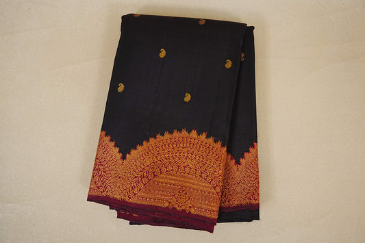 folded Black with Deep Maroon Borders Vintage Kanjivaram Silk Saree 