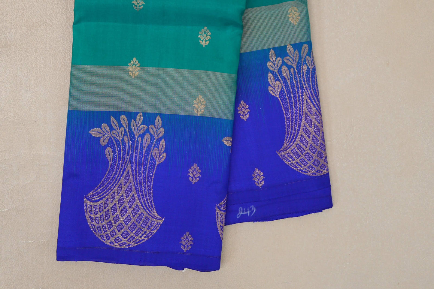 Peacock green with Deep Blue  Light Weight Kanchipuram Silk Saree border