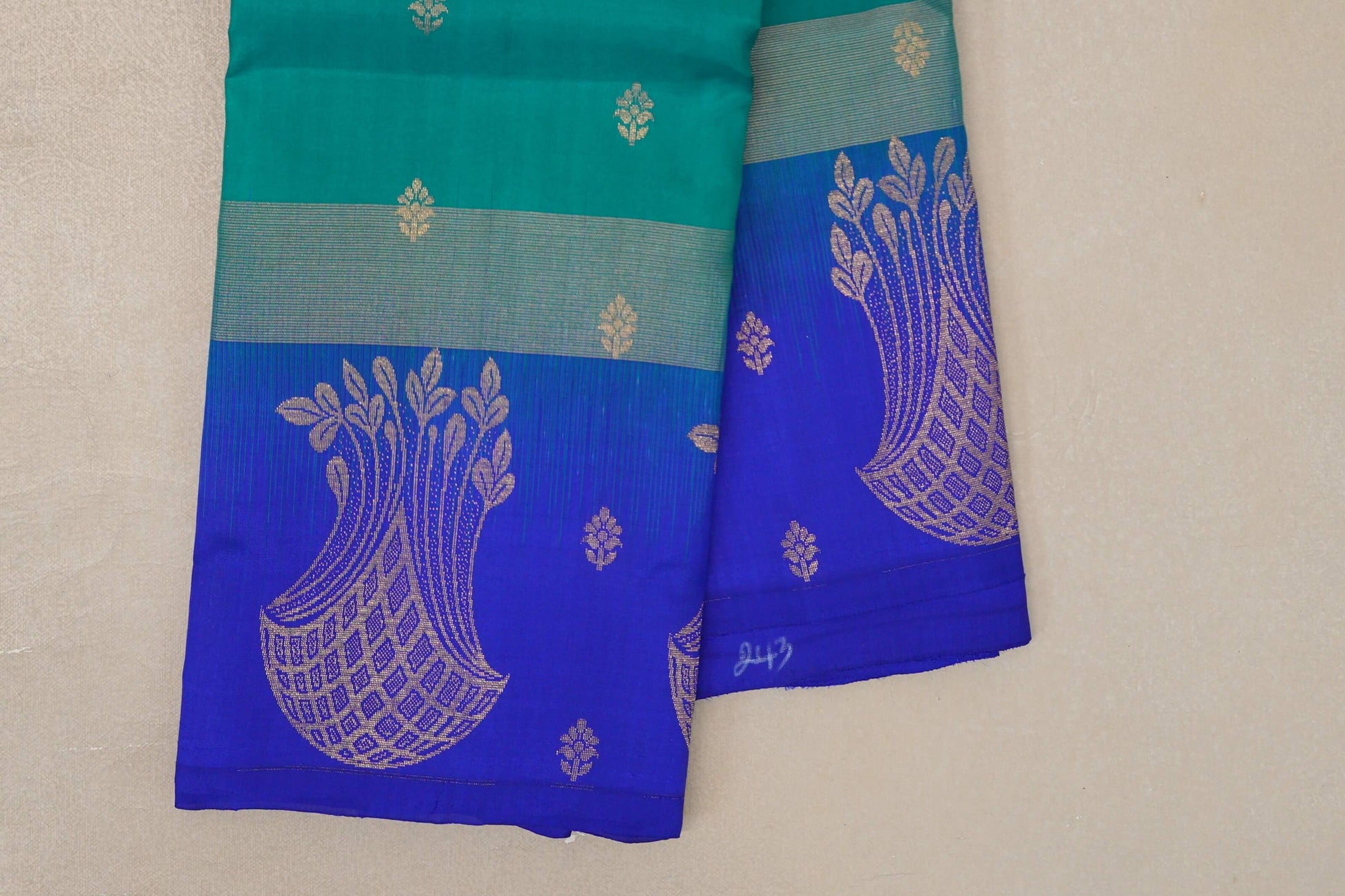 Peacock green with Deep Blue  Light Weight Kanchipuram Silk Saree border