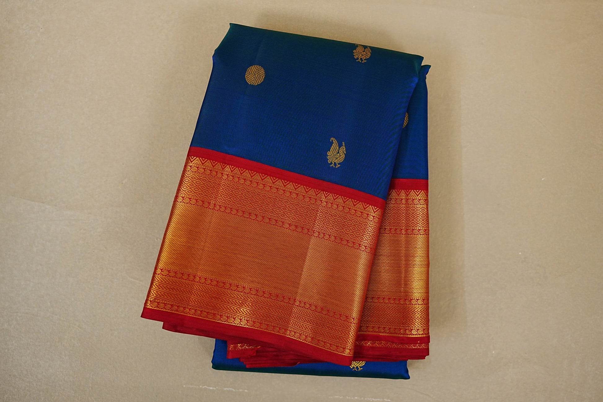 Peacock Blue with Bright Red Borders Vintage Kanjivaram Silk Saree