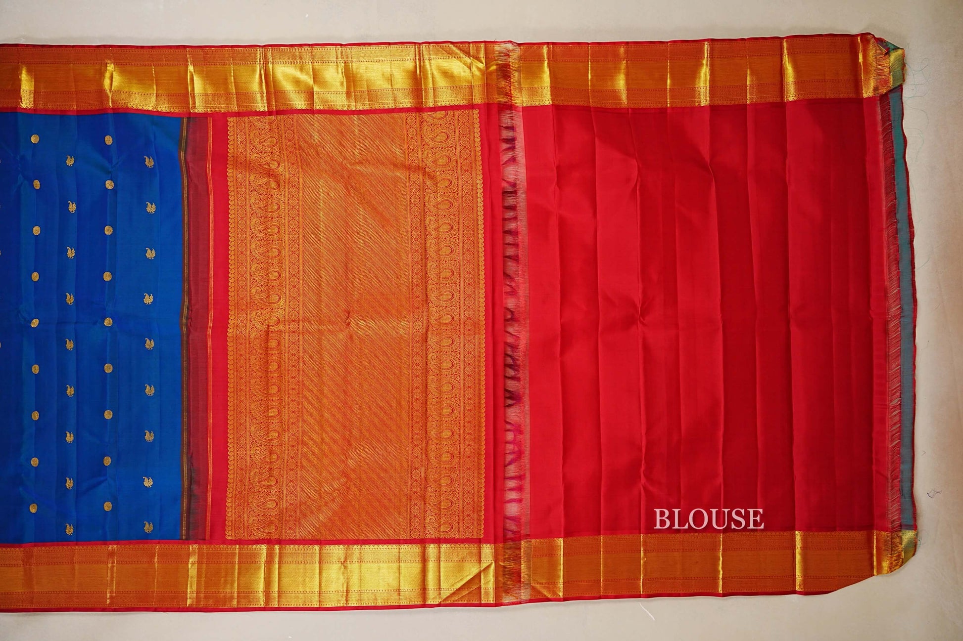 Peacock Blue with Bright Red Borders Vintage Kanjivaram Silk Saree blouse