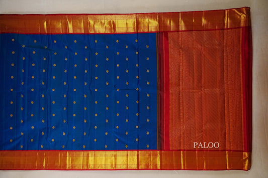 Peacock Blue with Bright Red Borders Vintage Kanjivaram Silk Saree paloo