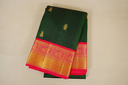 folded Bottle Green with Rani Pink Borders Vintage Kanjivaram Silk Saree  