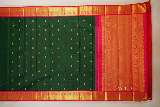 Bottle Green with Rani Pink Borders Vintage Kanjivaram Silk Saree  paloo