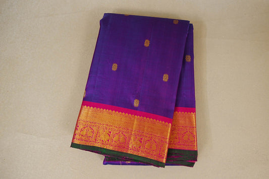 folded Dual Tone Violet and Blue with Rani Pink Borders Vintage Kanjivaram Silk Saree 