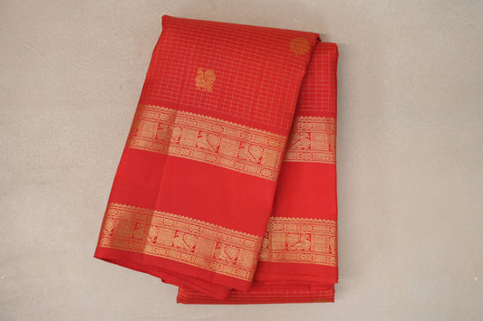 Bright Red Small Zari Checks with Rettai Pettu Borders Vintage Kanjivaram Silk Saree