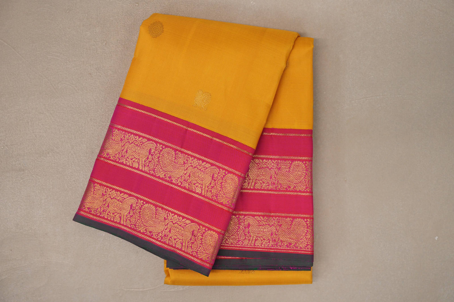 Mango Yellow with Orangish Pink Borders Vintage Kanjivaram Silk Saree