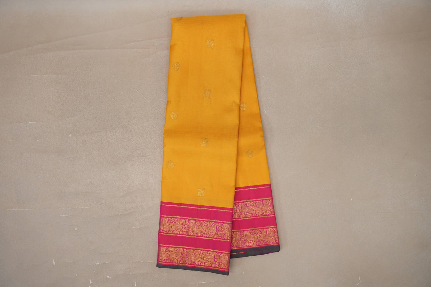 Online Mango Yellow with Orangish Pink Borders Vintage Kanjivaram Silk Saree