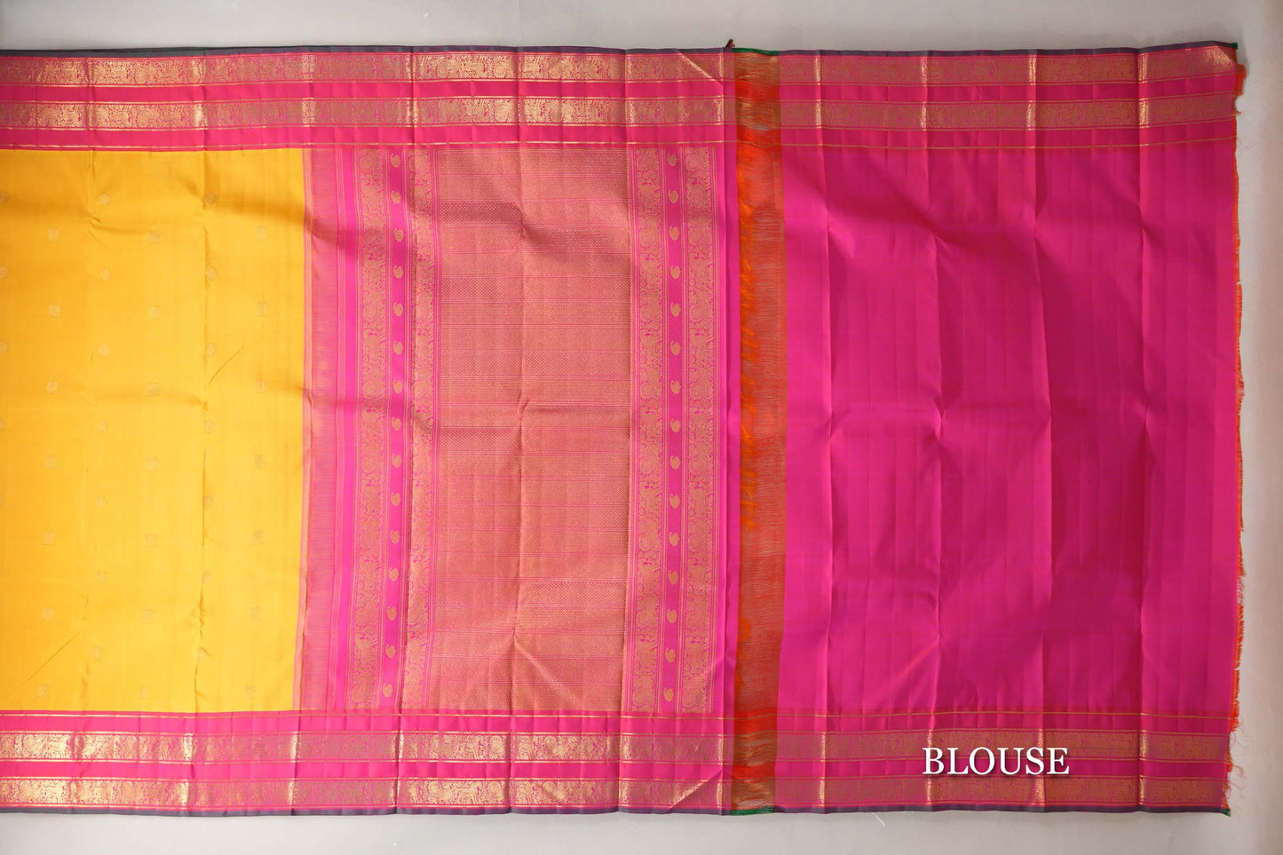 Mango Yellow with Orangish Pink Borders Vintage Kanjivaram Silk Saree blouse