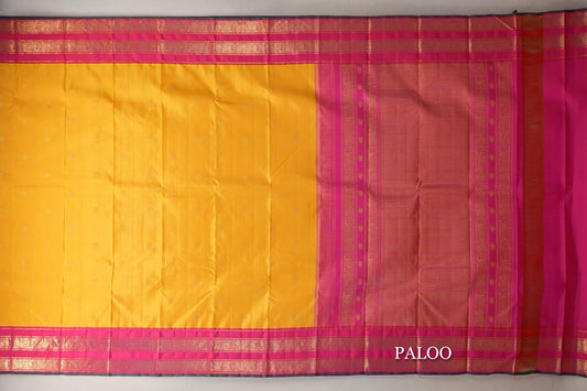 Mango Yellow with Orangish Pink Borders Vintage Kanjivaram Silk Saree paloo