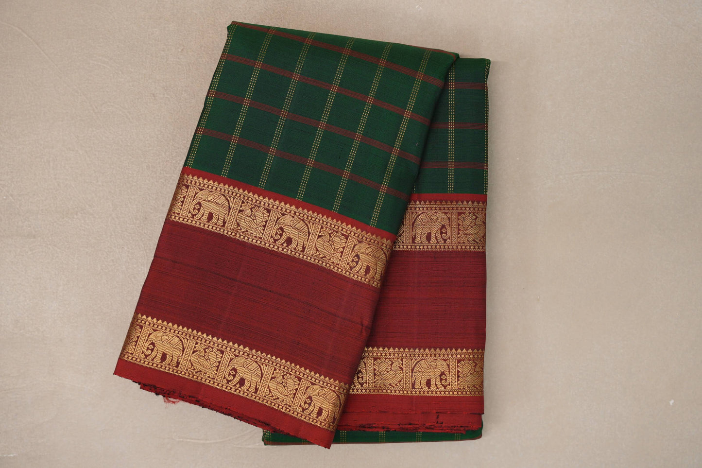 Deep Bottle Green with Reddish Maroon Rettai Pettu Borders Vintage Kanjivaram Silk Saree
