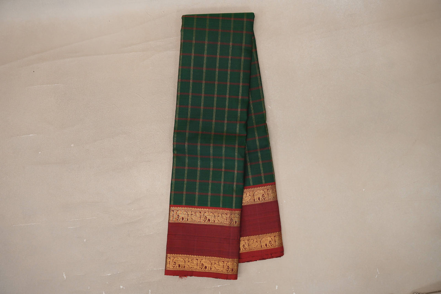 Online Deep Bottle Green with Reddish Maroon Rettai Pettu Borders Vintage Kanjivaram Silk Saree