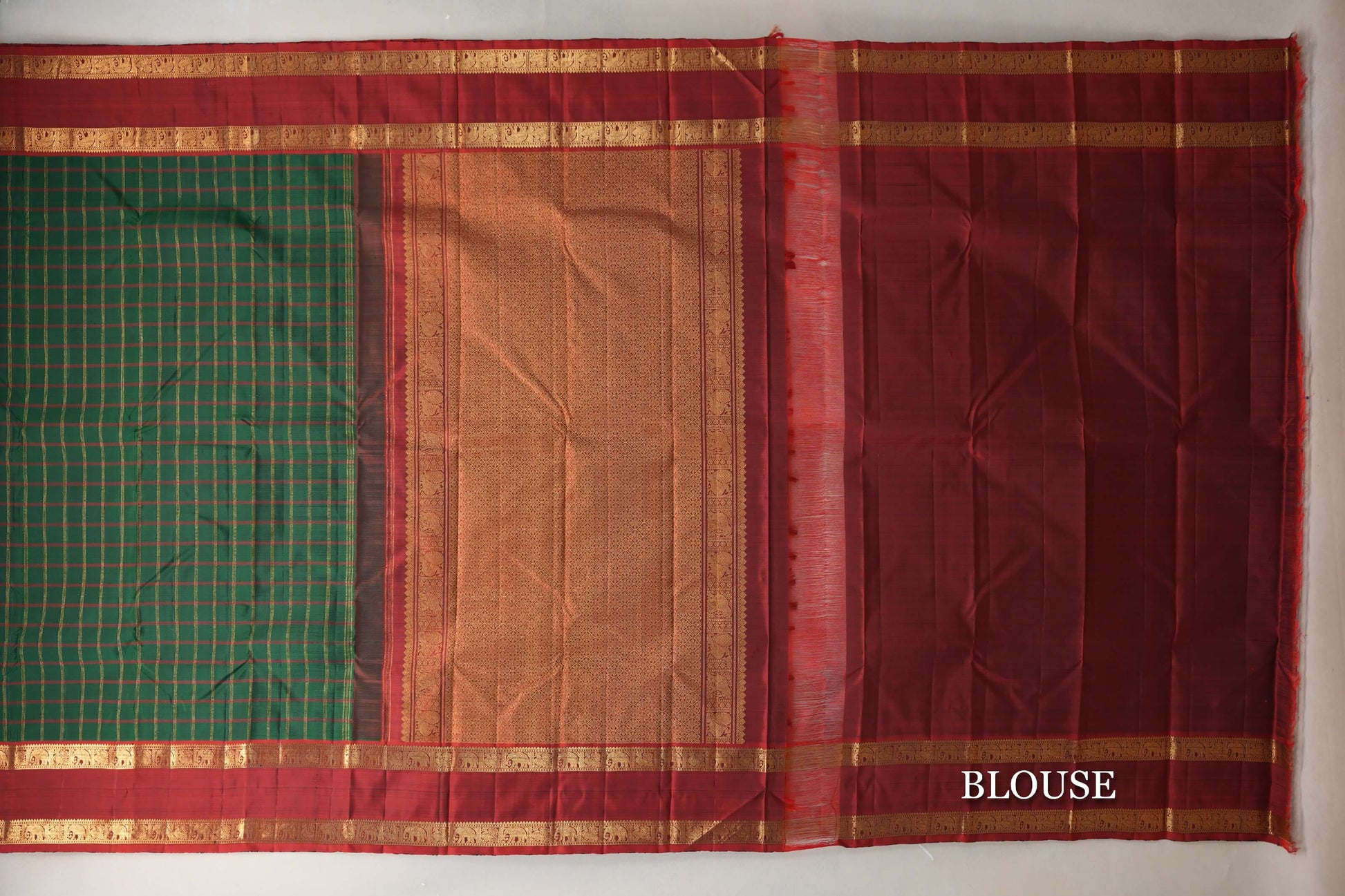 Deep Bottle Green with Reddish Maroon Rettai Pettu Borders Vintage Kanjivaram Silk Saree blouse