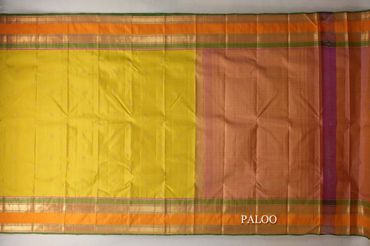 Greenish Yellow with Multi Color Rettai Pettu Borders Vintage Kanjivaram Silk Saree paloo