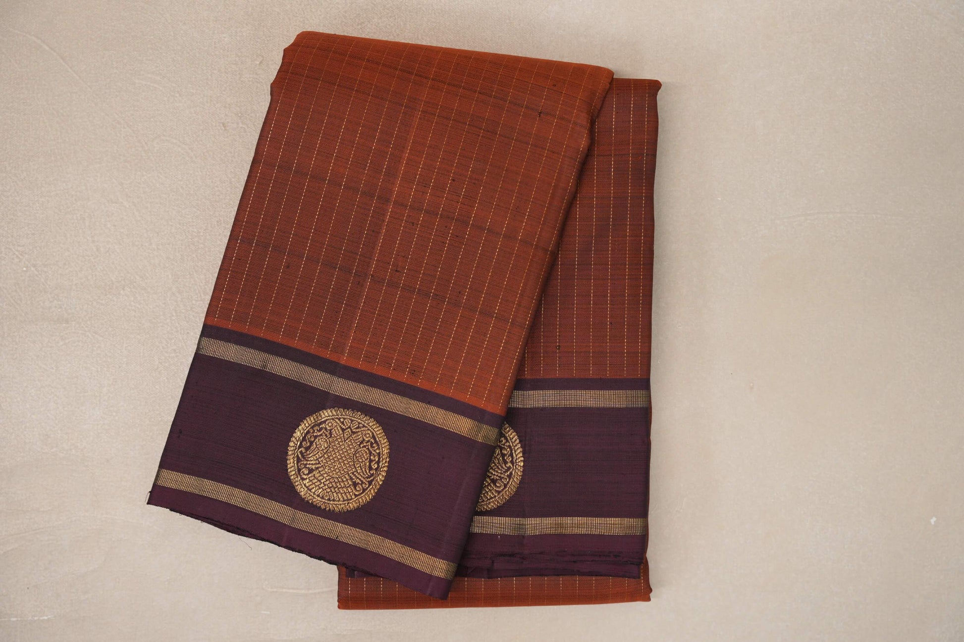 Dark Copper Brown with Deep Plum Borders Vintage Kanjivaram Silk Saree
