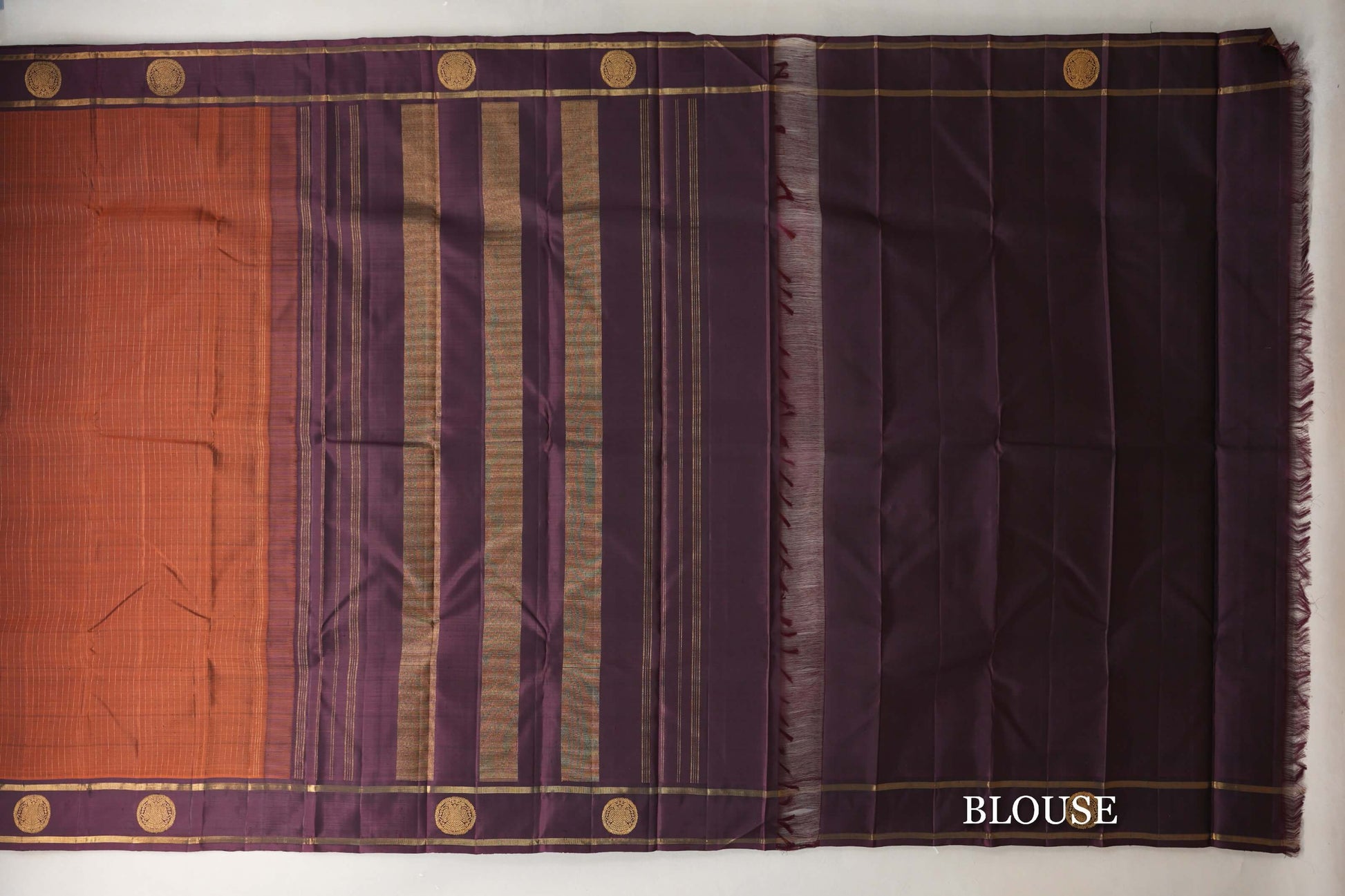 Dark Copper Brown with Deep Plum Borders Vintage Kanjivaram Silk Saree blouse