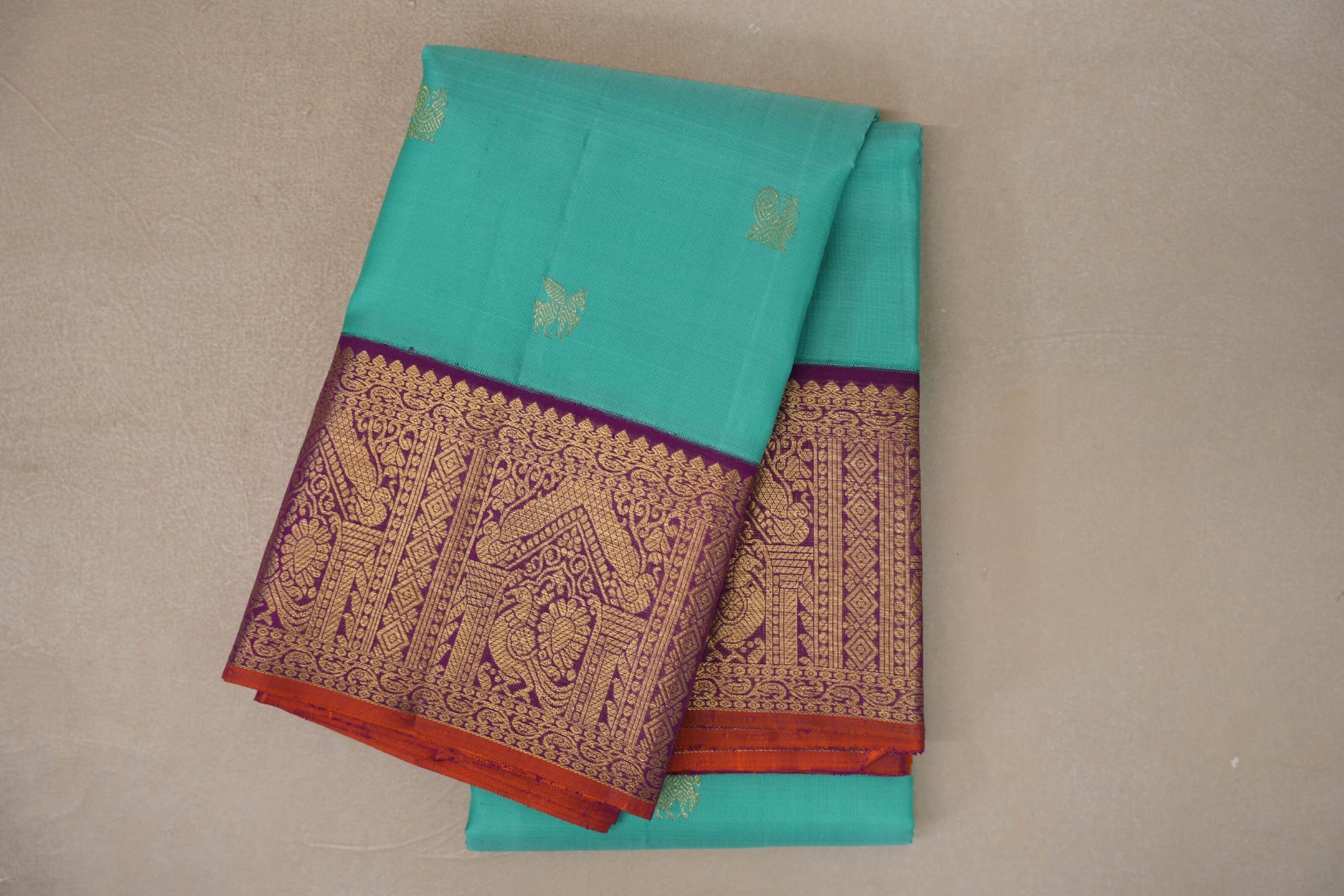 Light Aqua Green with Deep Purple Borders Vintage Kanjivaram Silk Saree
