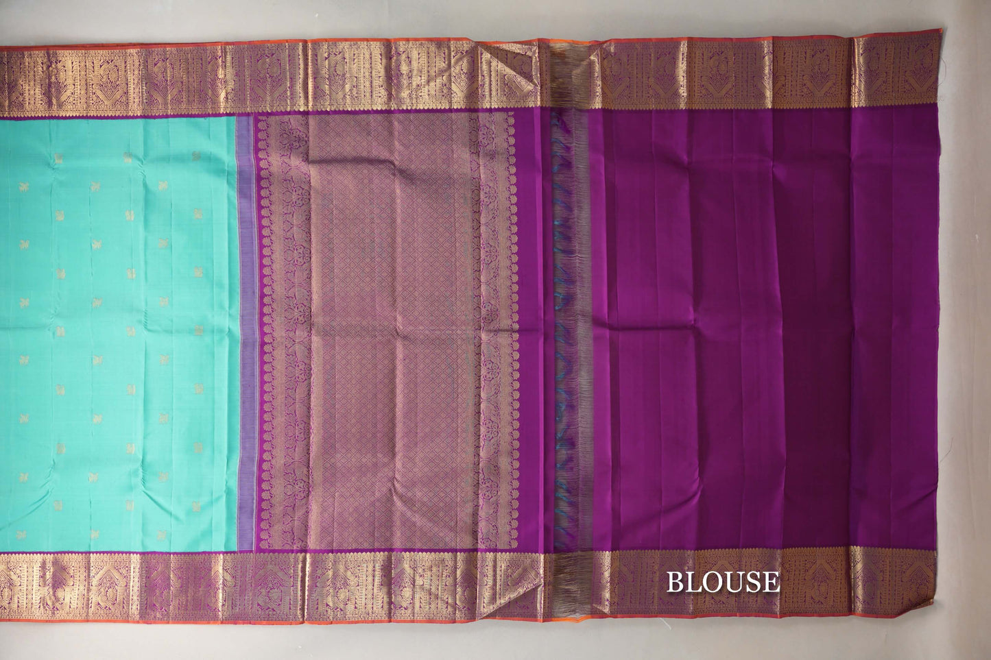 Light Aqua Green with Deep Purple Borders Vintage Kanjivaram Silk Saree blouse