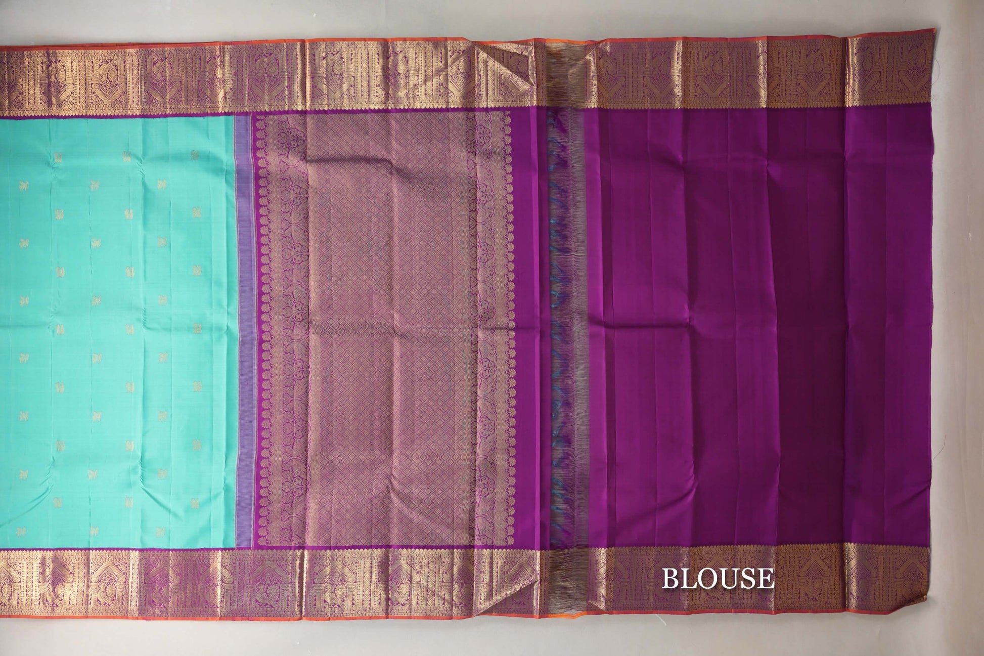 Light Aqua Green with Deep Purple Borders Vintage Kanjivaram Silk Saree blouse