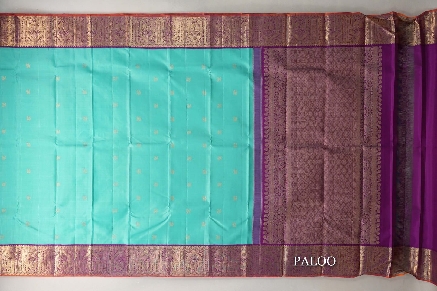 Light Aqua Green with Deep Purple Borders Vintage Kanjivaram Silk Saree paloo