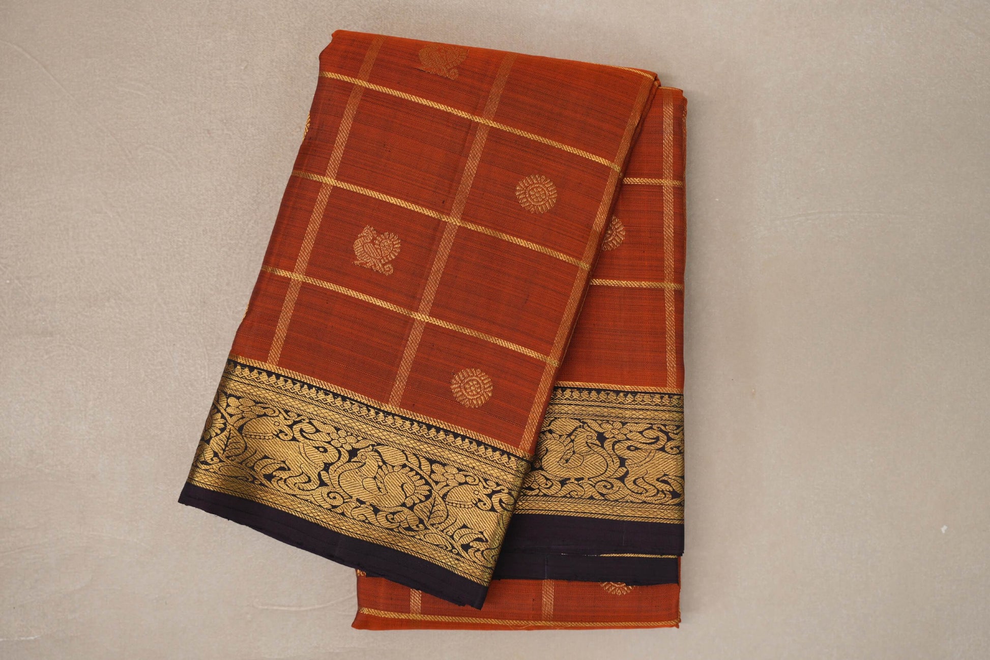 Burnt Orange with Deep Plum Brown Borders Vintage Kanjivaram Silk Saree
