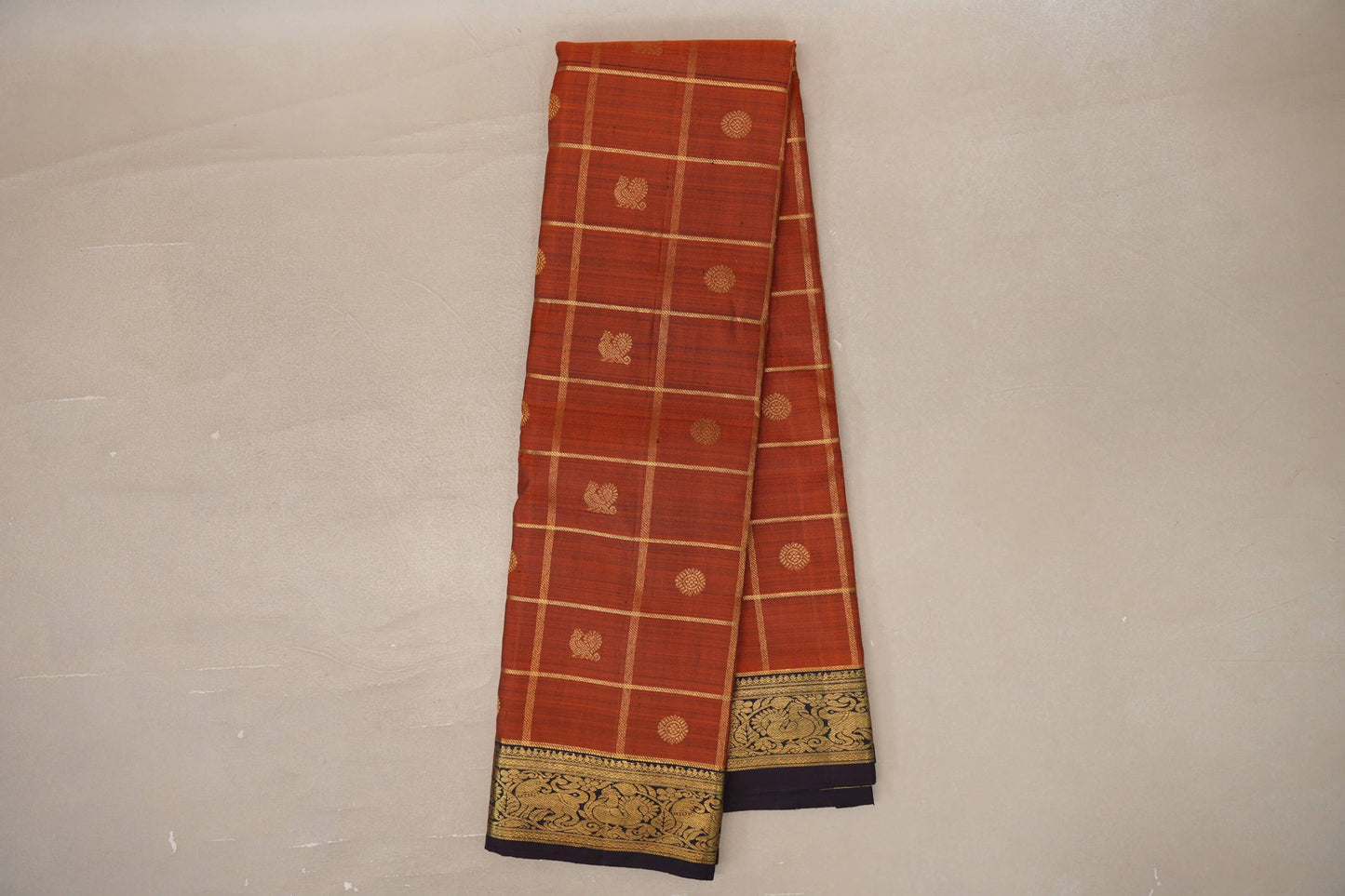 Online Burnt Orange with Deep Plum Brown Borders Vintage Kanjivaram Silk Saree