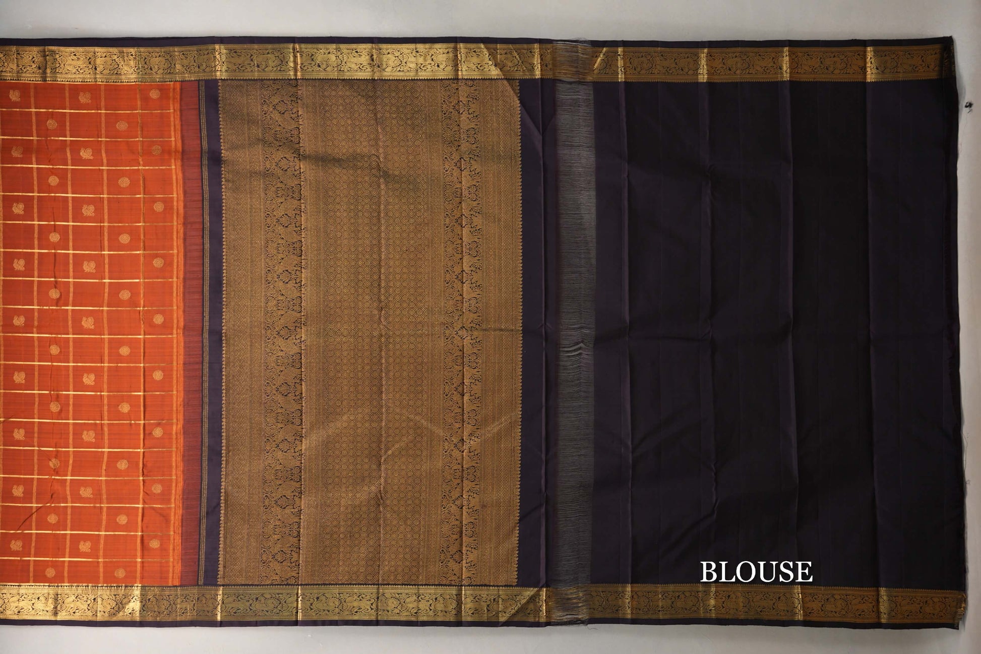 Burnt Orange with Deep Plum Brown Borders Vintage Kanjivaram Silk Saree blouse