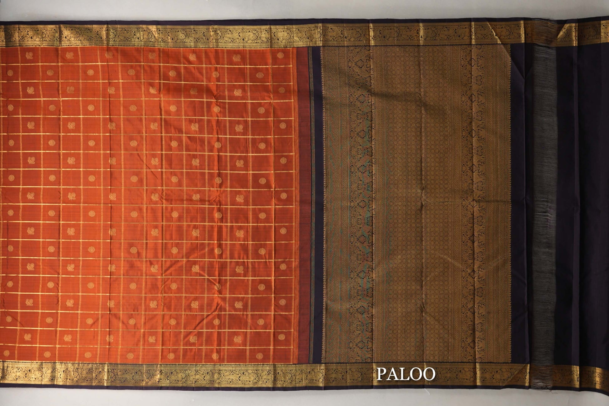 Burnt Orange with Deep Plum Brown Borders Vintage Kanjivaram Silk Saree paloo