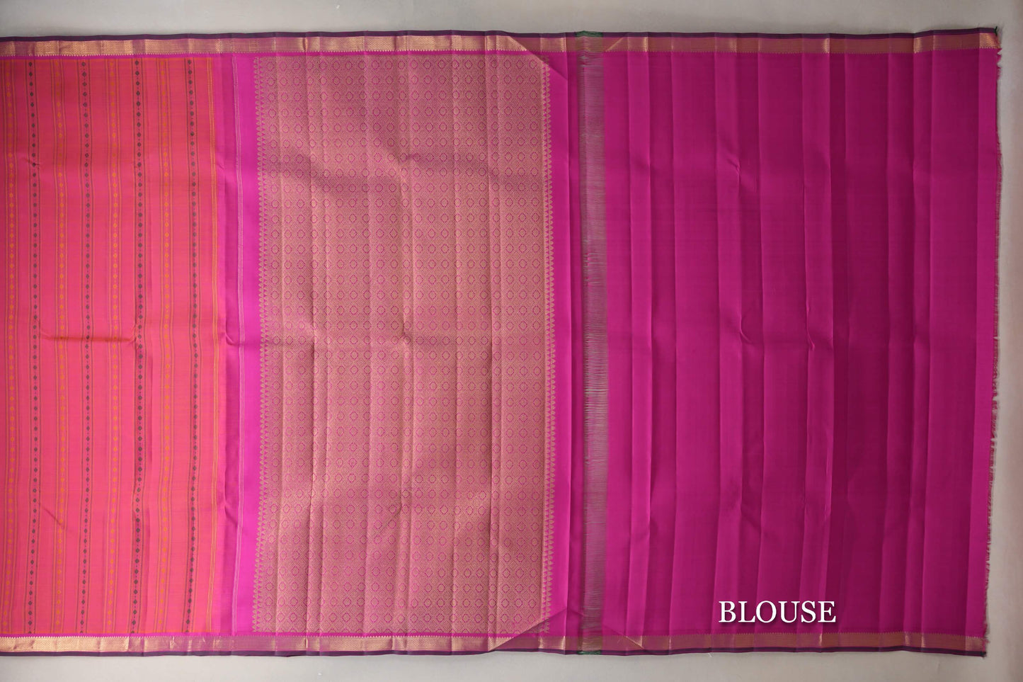 Dual Tone of Orange & Pink with Magenta with Dark Bottle Green Selvedge Borders Vintage Kanjivaram Silk Saree blouse