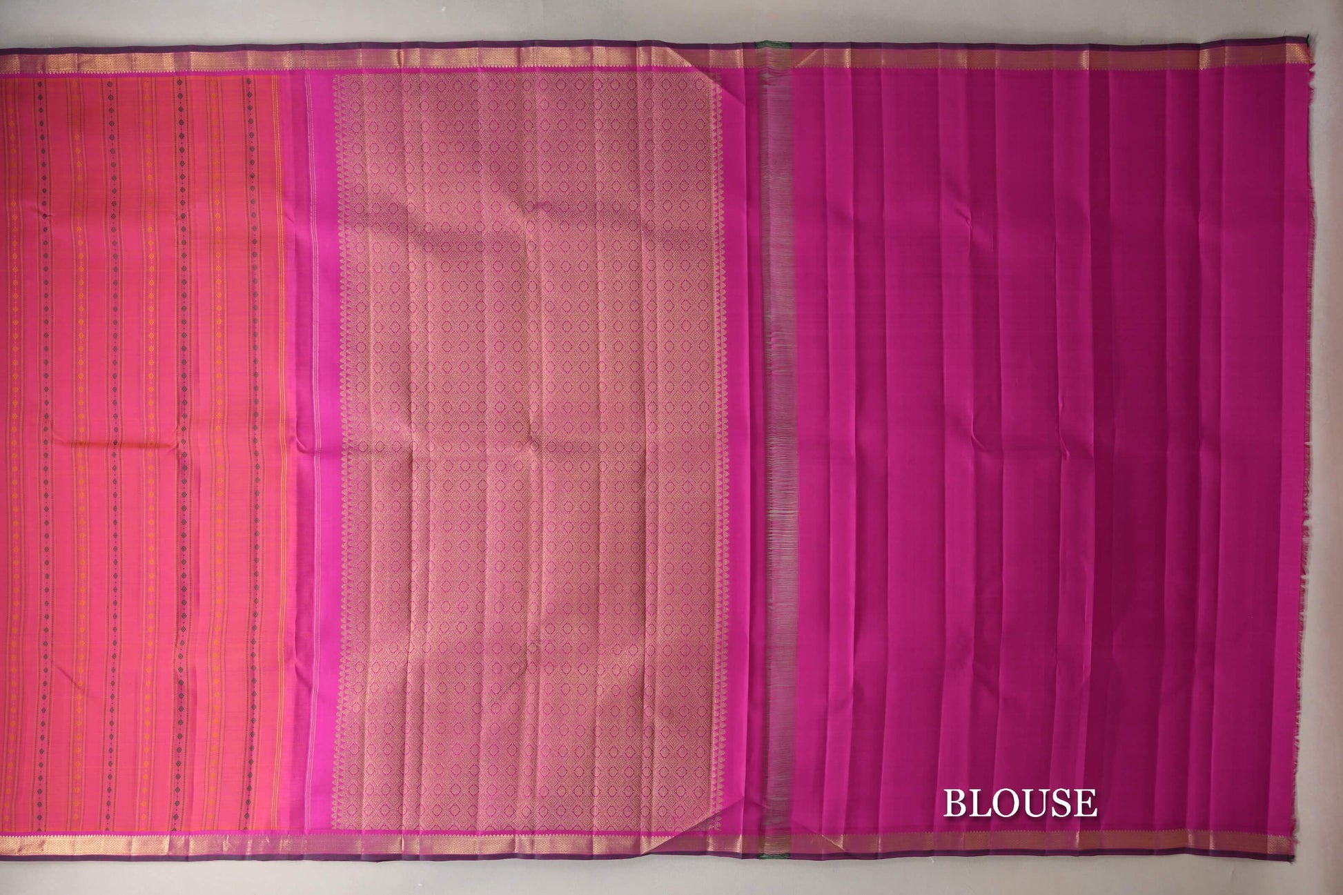 Dual Tone of Orange & Pink with Magenta with Dark Bottle Green Selvedge Borders Vintage Kanjivaram Silk Saree blouse