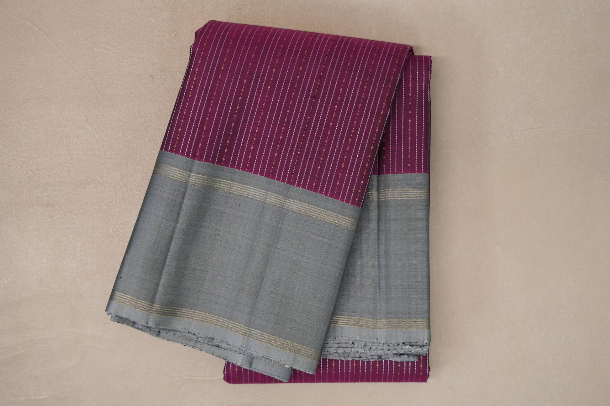 Deep Magenta with Silver Grey Borders Vintage Kanjivaram Silk Saree