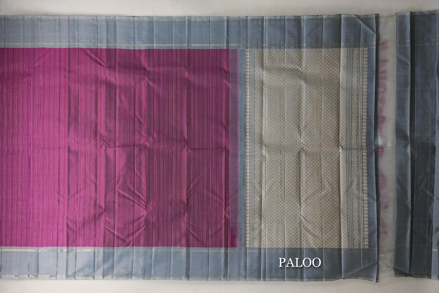 Deep Magenta with Silver Grey Borders Vintage Kanjivaram Silk Saree paloo