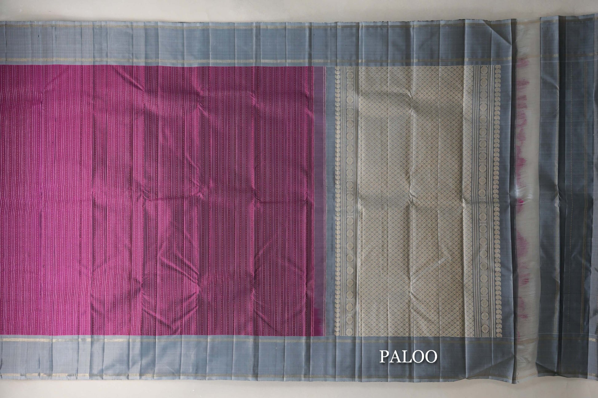 Deep Magenta with Silver Grey Borders Vintage Kanjivaram Silk Saree paloo