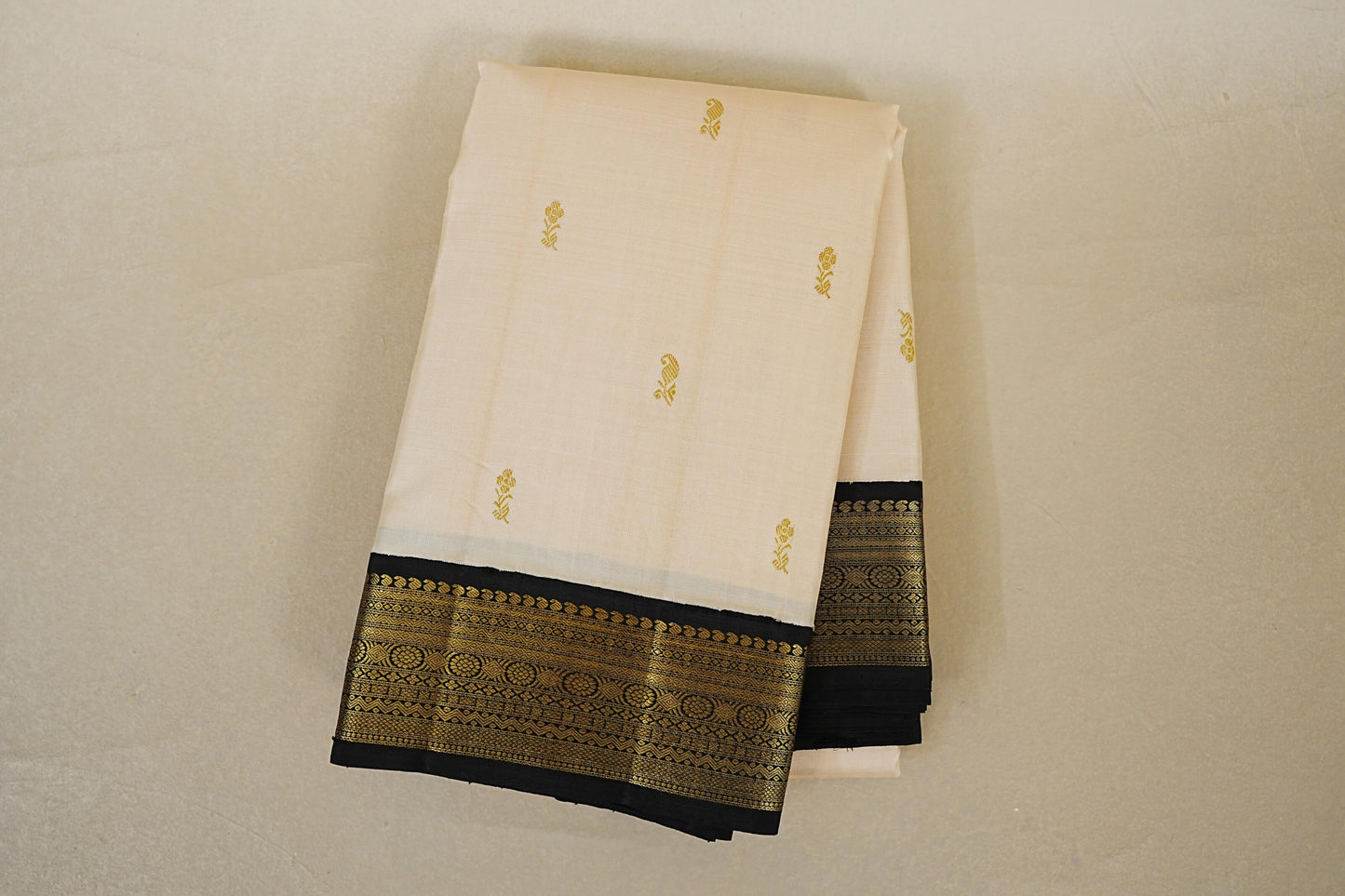 folded Cream with Black Borders Vintage Kanjivaram Silk Saree