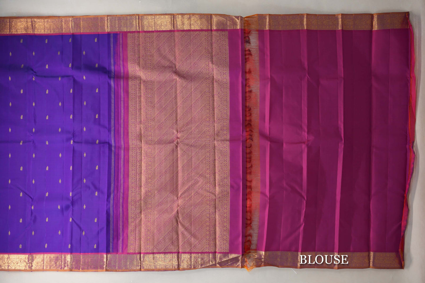 Indigo Violet with Dual Tone of Violet & Orange with Copper Orange Selvedge Vintage Kanjivaram Silk Saree blouse